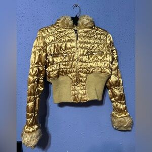 Gold Quilted Women's Jacket with Faux Fur Trim